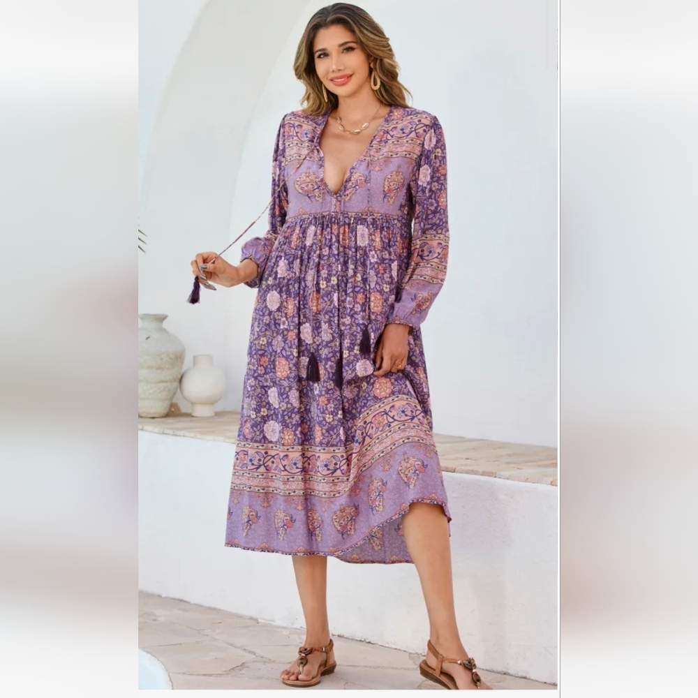 Bohemian Long Sleeve Purple Dress